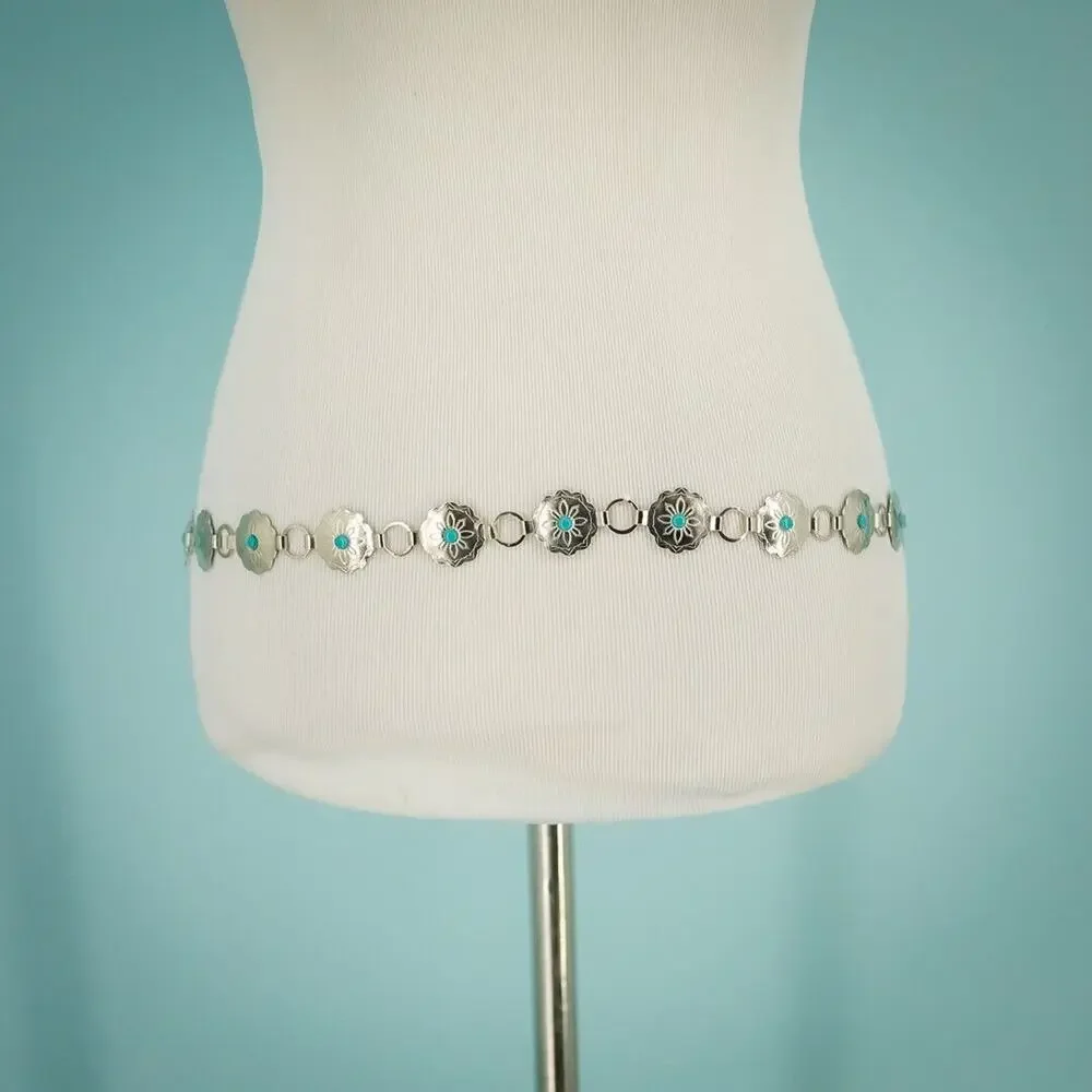 Silver Tone Carved Etched Metal Turquoise Cabochon Chain Southwest Style Belt